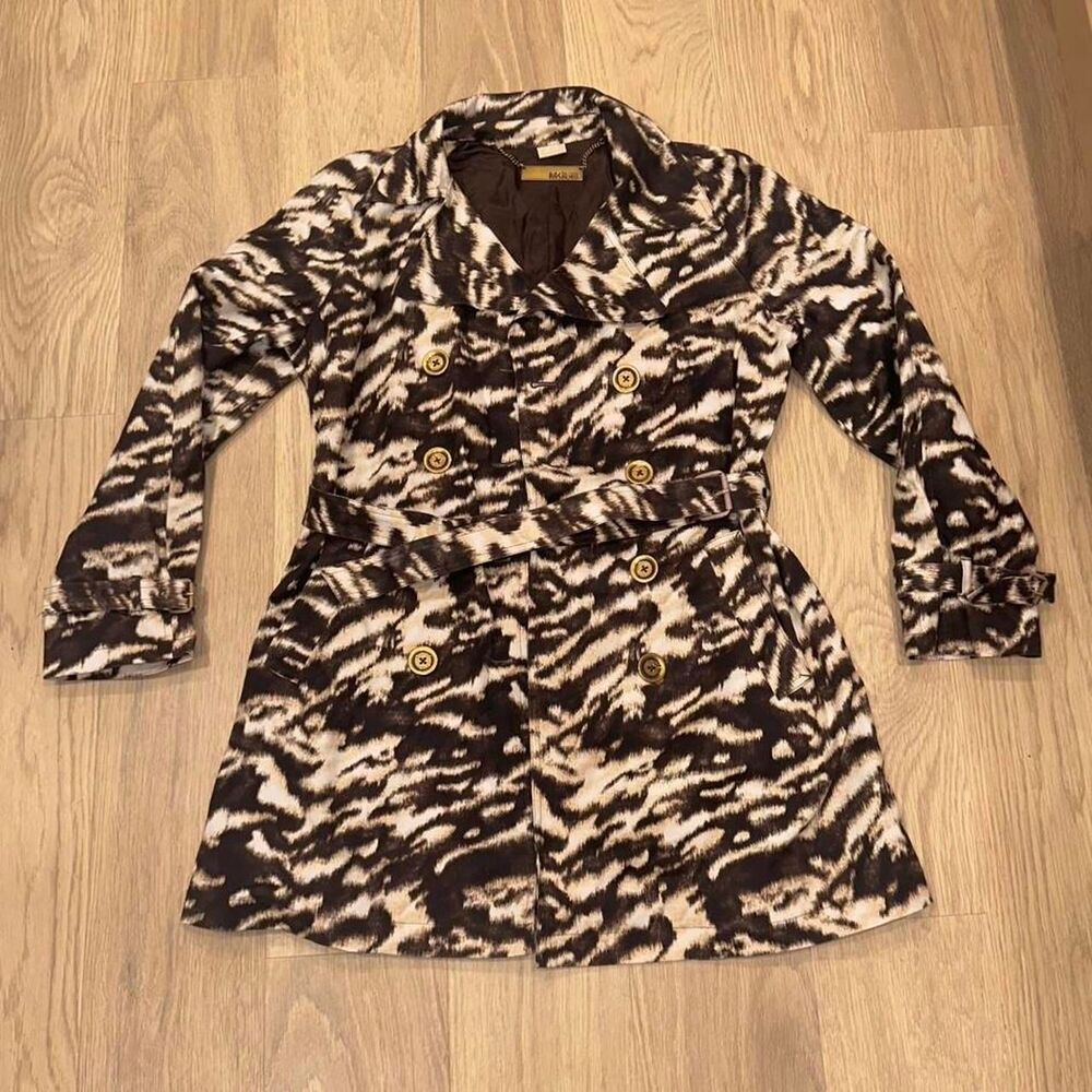 Michael Kors Womens M Trench Coat Zebra Animal Print Double Breasted Belted